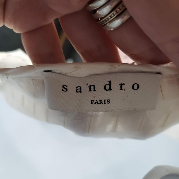 Sandro Women's 2 Ivory Long Sleeve Button Up Blouse Metallic Gold Silk Blend Top - Picture 8 of 11